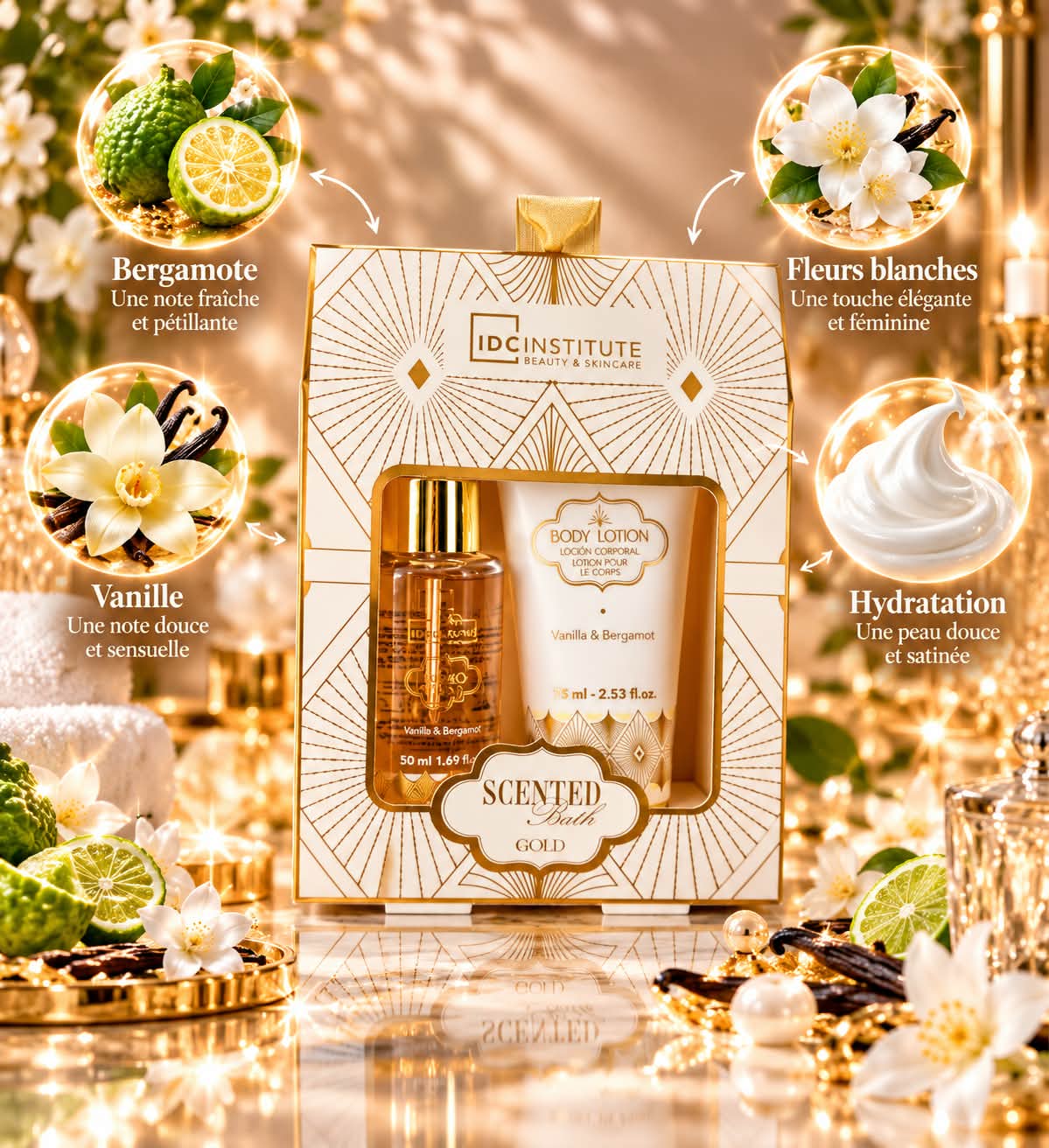 Coffret Scented Bath Gold Body Glow Set – Lait Corps Pailleté & Huile Corps