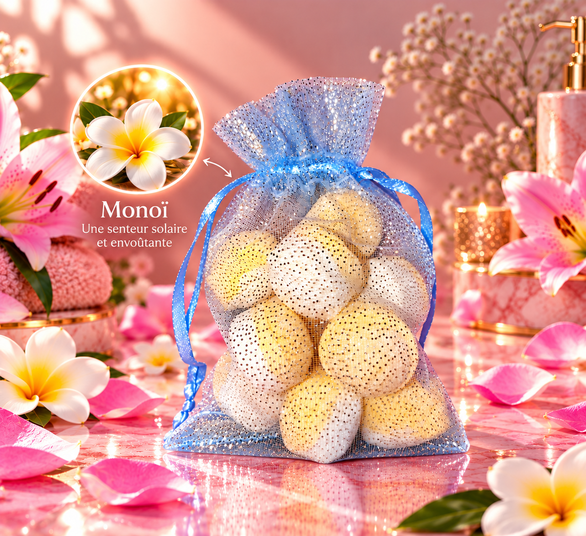 Mini-billes effervescentes bicolores parfum Monoï